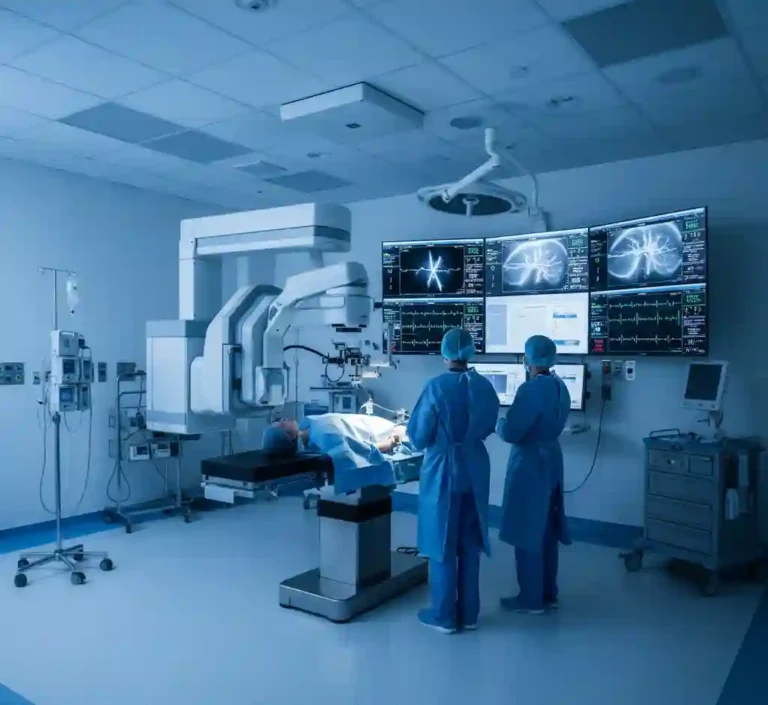 Cardiac Catheterization Laboratory setup featuring C-Arm fluoroscopy system and hemodynamic monitoring banks.