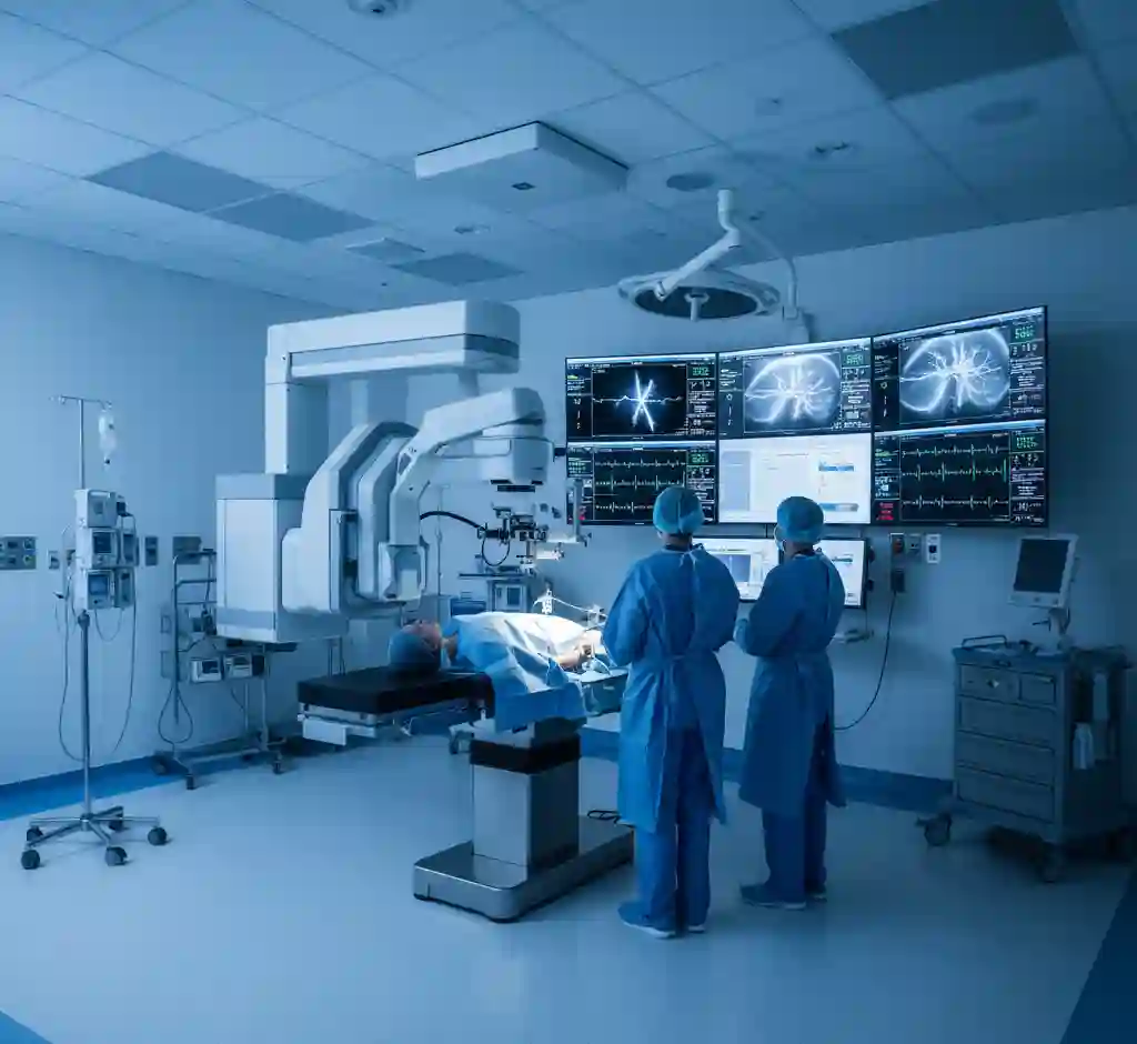 Cardiac Catheterization Laboratory setup featuring C-Arm fluoroscopy system and hemodynamic monitoring banks.