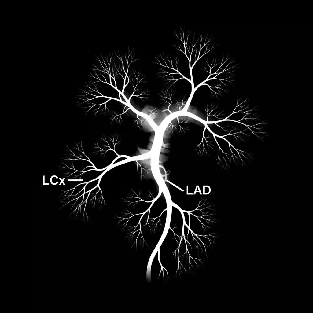 Diagnostic coronary angiogram (RAO Caudal view) displaying the Left Anterior Descending (LAD) and Circumflex arteries.