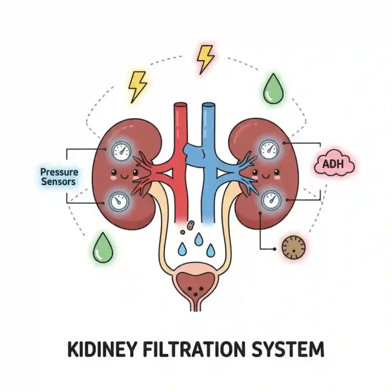 A simple cartoon diagram showing kidneys filtering blood with pressure sensors, surrounded by hormone symbols.
