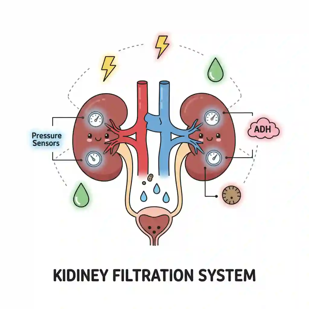 A simple cartoon diagram showing kidneys filtering blood with pressure sensors, surrounded by hormone symbols.