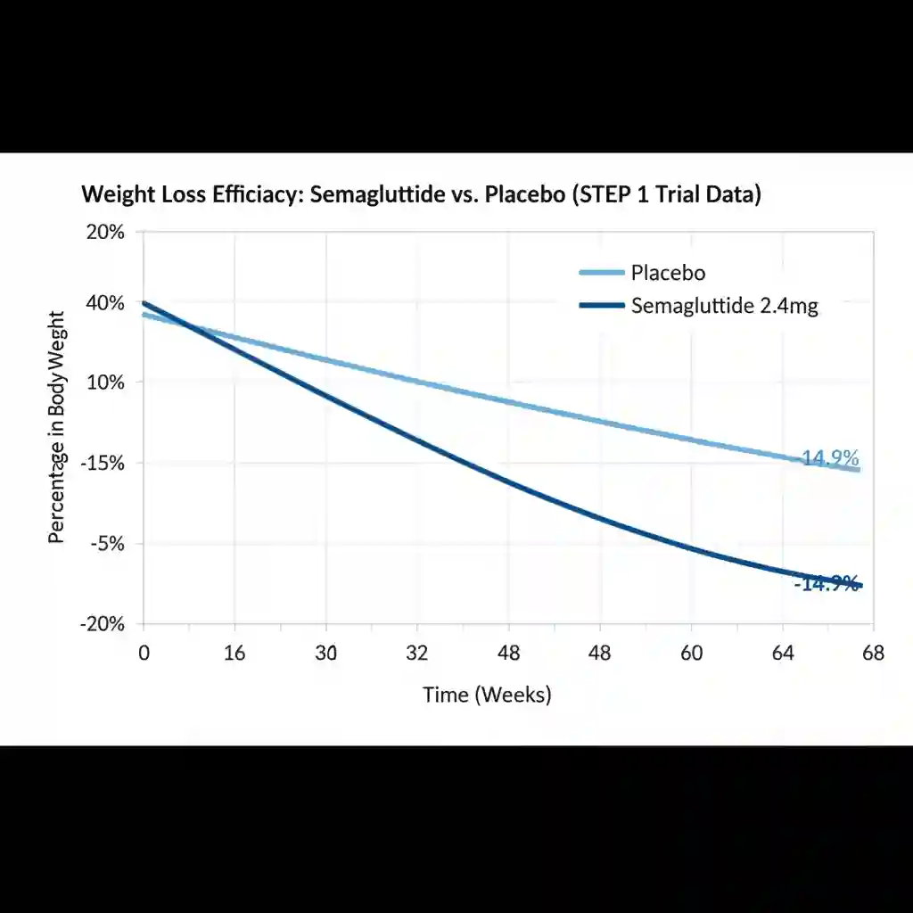 Clinical trial line graph comparing percentage weight loss over 68 weeks between GLP-1 receptor agonist treatment and placebo.