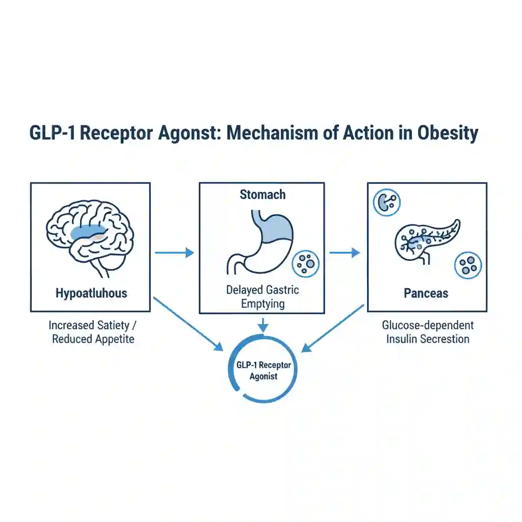 Diagram illustrating the mechanism of action of GLP-1 agonists on the hypothalamus, stomach, and pancreas for weight regulation.
