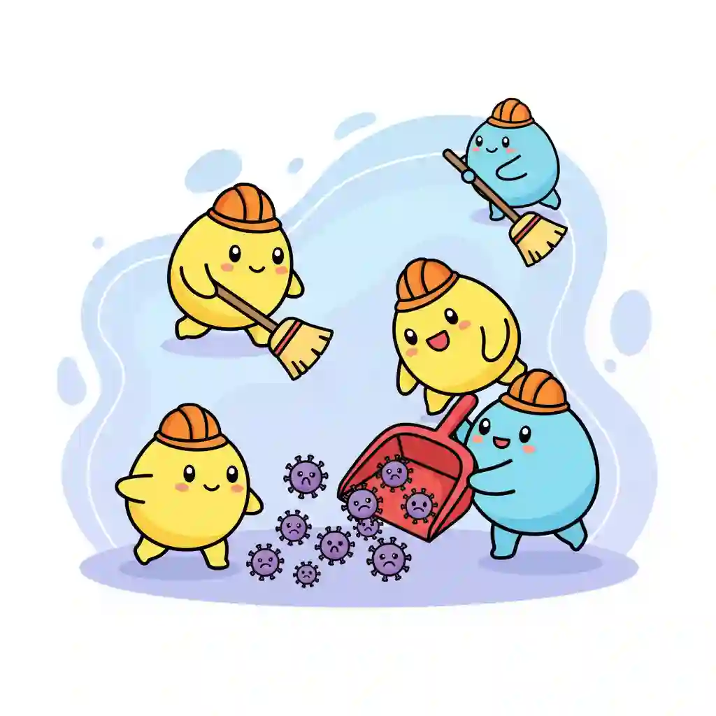 A cute cartoon illustration of active, friendly immune cells with little brooms sweeping away cartoon virus characters inside the body.