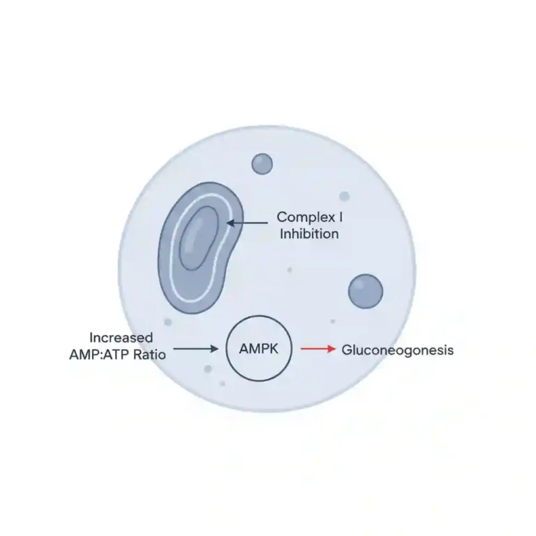 Molecular mechanism of action of metformin showing mitochondrial Complex I inhibition and subsequent AMPK activation in hepatocytes.