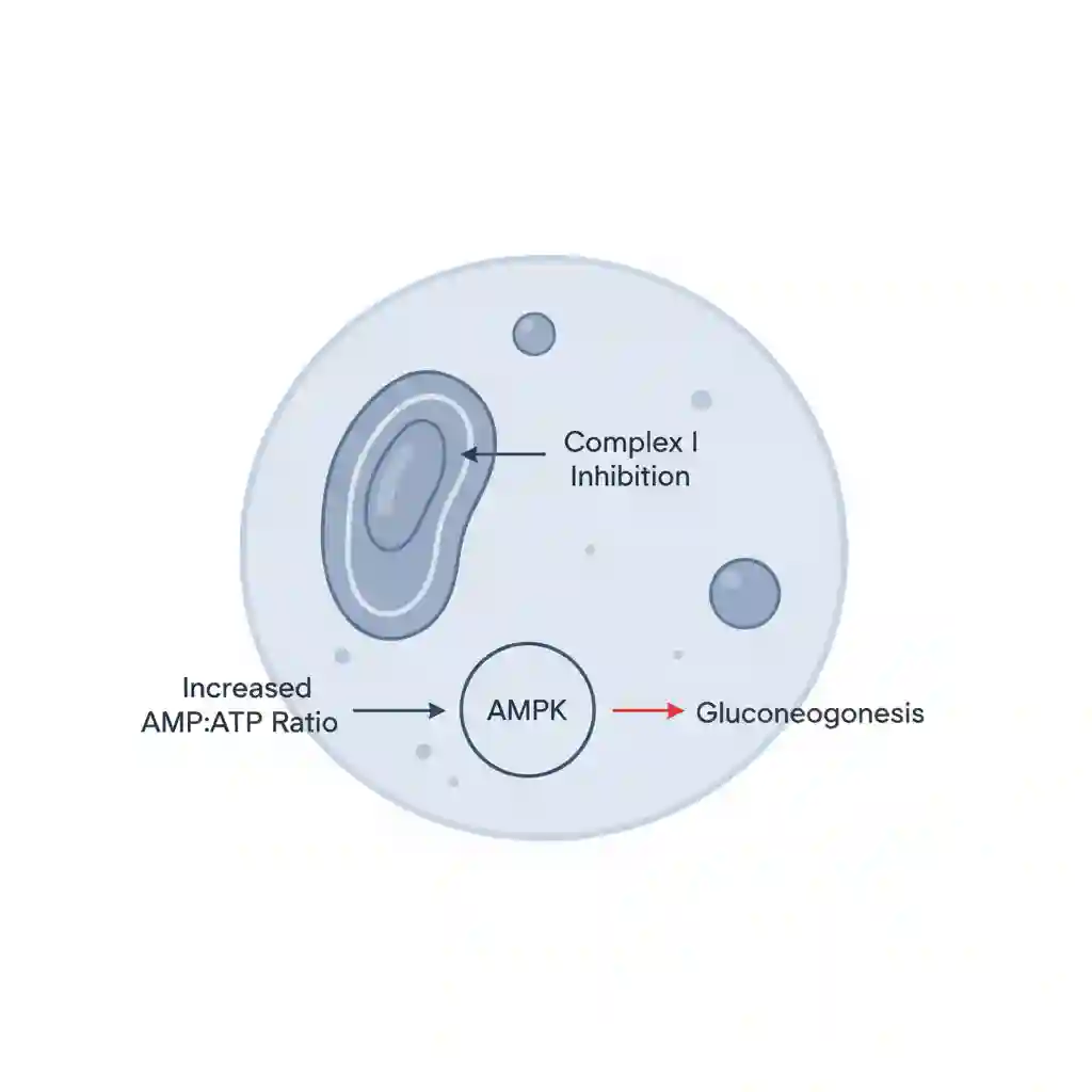Molecular mechanism of action of metformin showing mitochondrial Complex I inhibition and subsequent AMPK activation in hepatocytes.