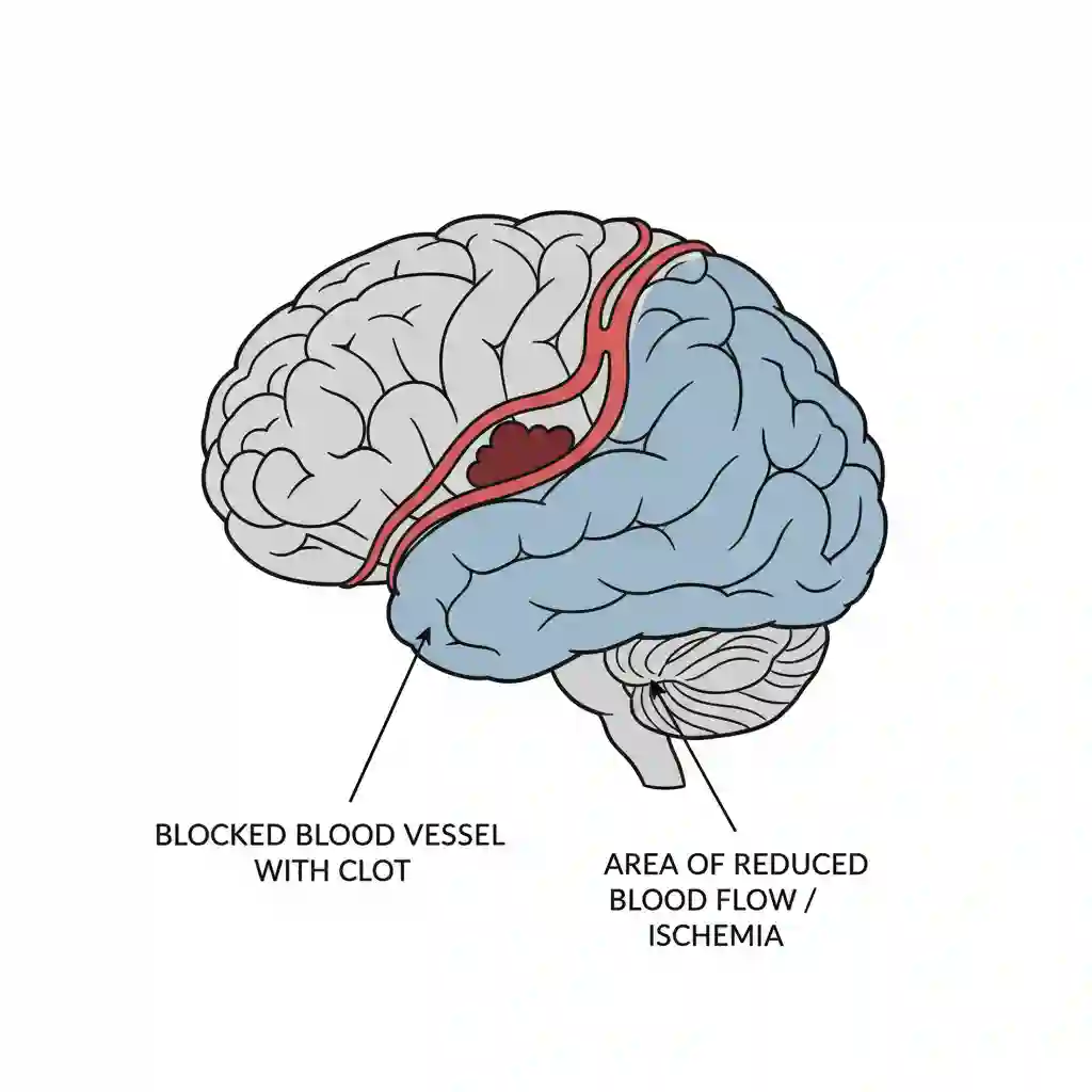 A simple cartoon diagram of a brain showing a blocked blood vessel with a clot, and a reduced blood flow area highlighted in a different color