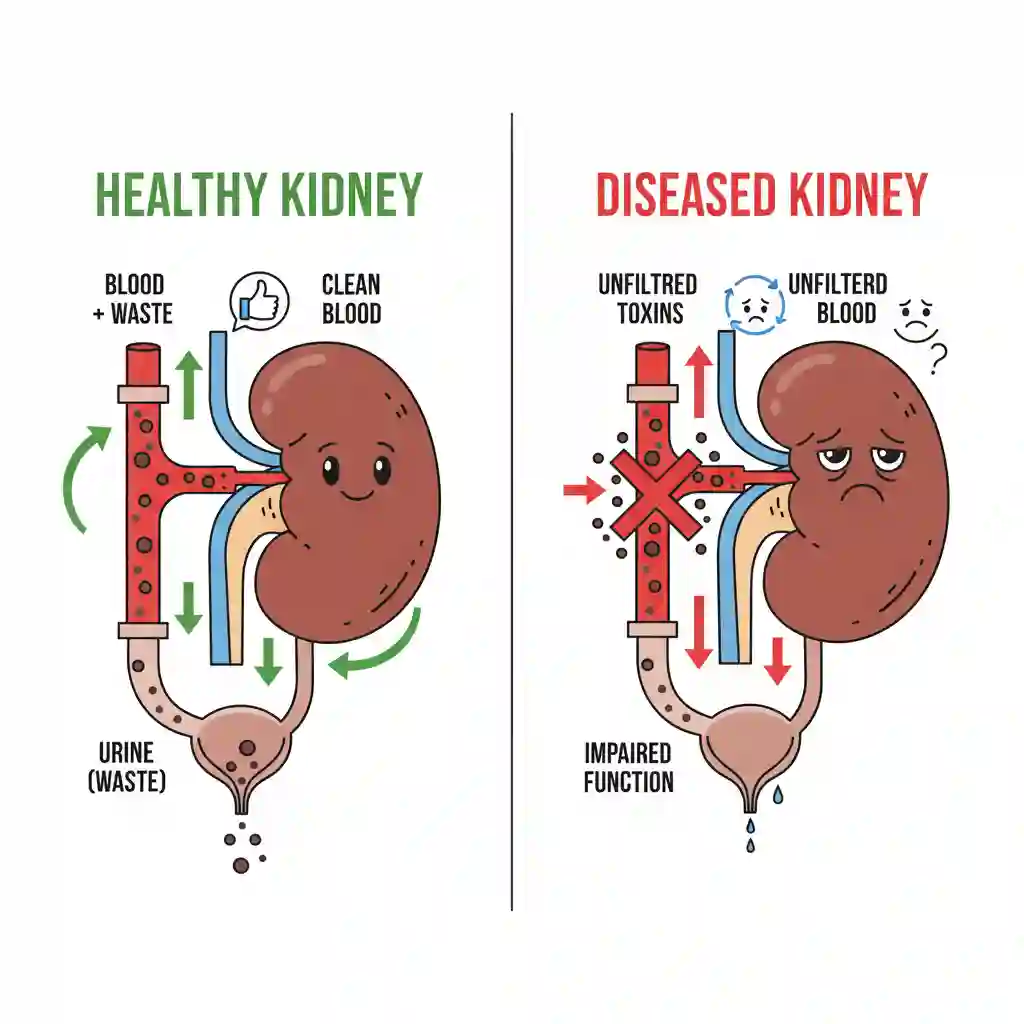 A simple cartoon diagram comparing a healthy kidney filtering waste with a diseased kidney struggling to filter toxins from the blood.
