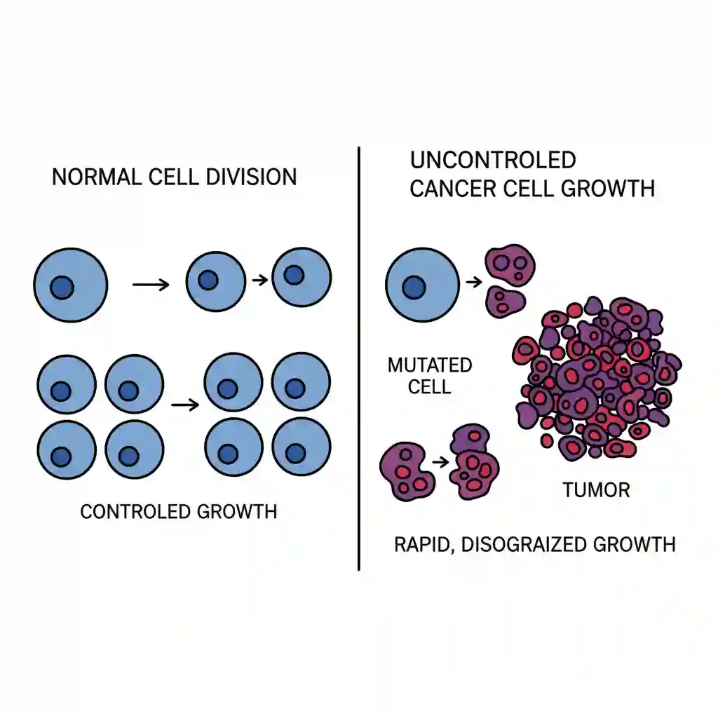 A simple cartoon diagram comparing normal cell division with uncontrolled cancer cell growth, showing how tumors form.