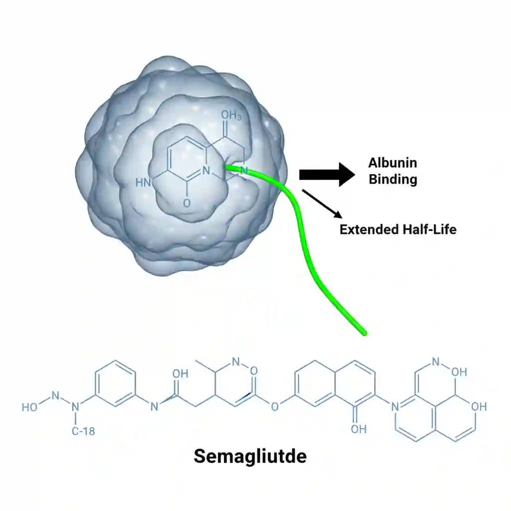 Chemical structure of Semaglutide, a GLP-1 analogue, highlighting the C-18 fatty diacid acylation on the lysine residue.