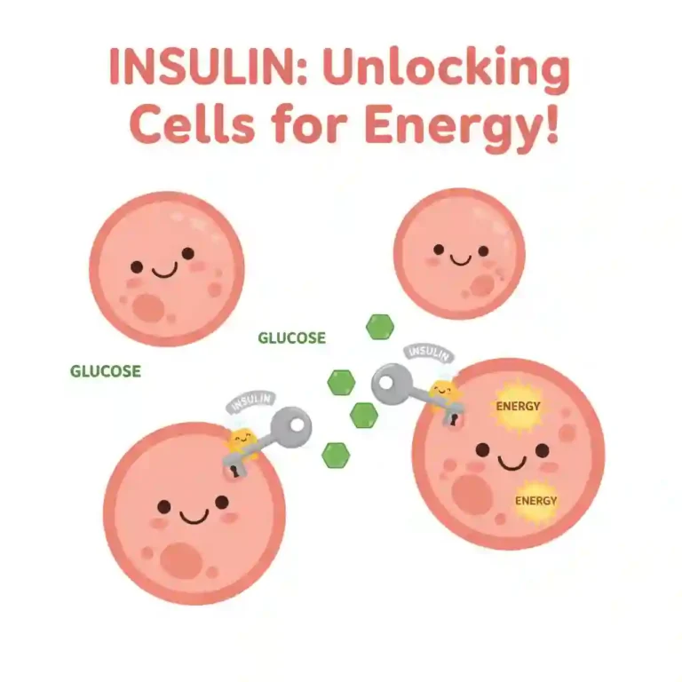 A simple cartoon showing insulin as keys unlocking body cells to allow glucose entry for energy production.