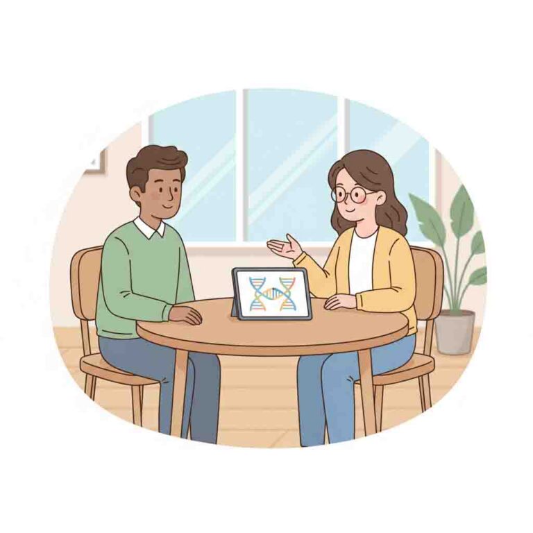 A caring cartoon scene of parents consulting with a genetic counselor in a calm, professional setting.
