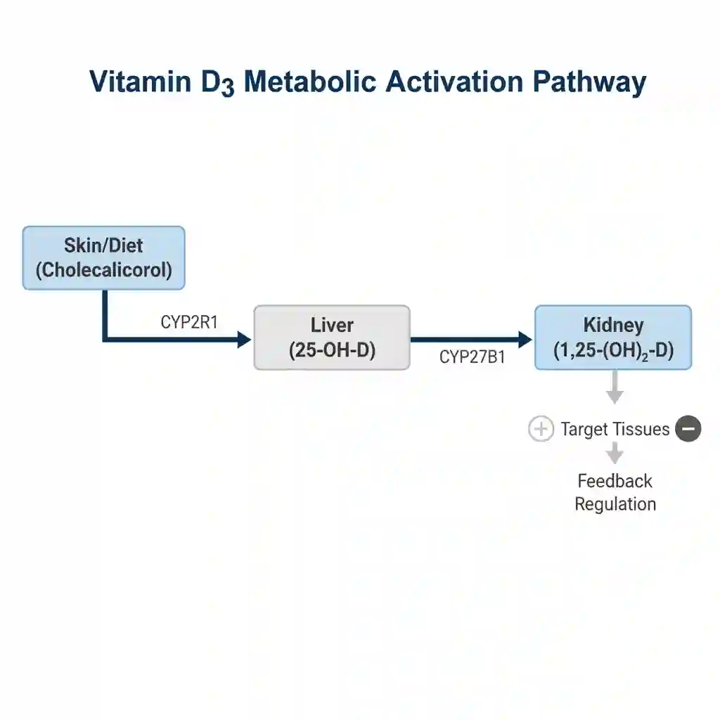 Diagram of Vitamin D3 metabolism showing hepatic 25-hydroxylation by CYP2R1 and renal conversion to Calcitriol by CYP27B1.