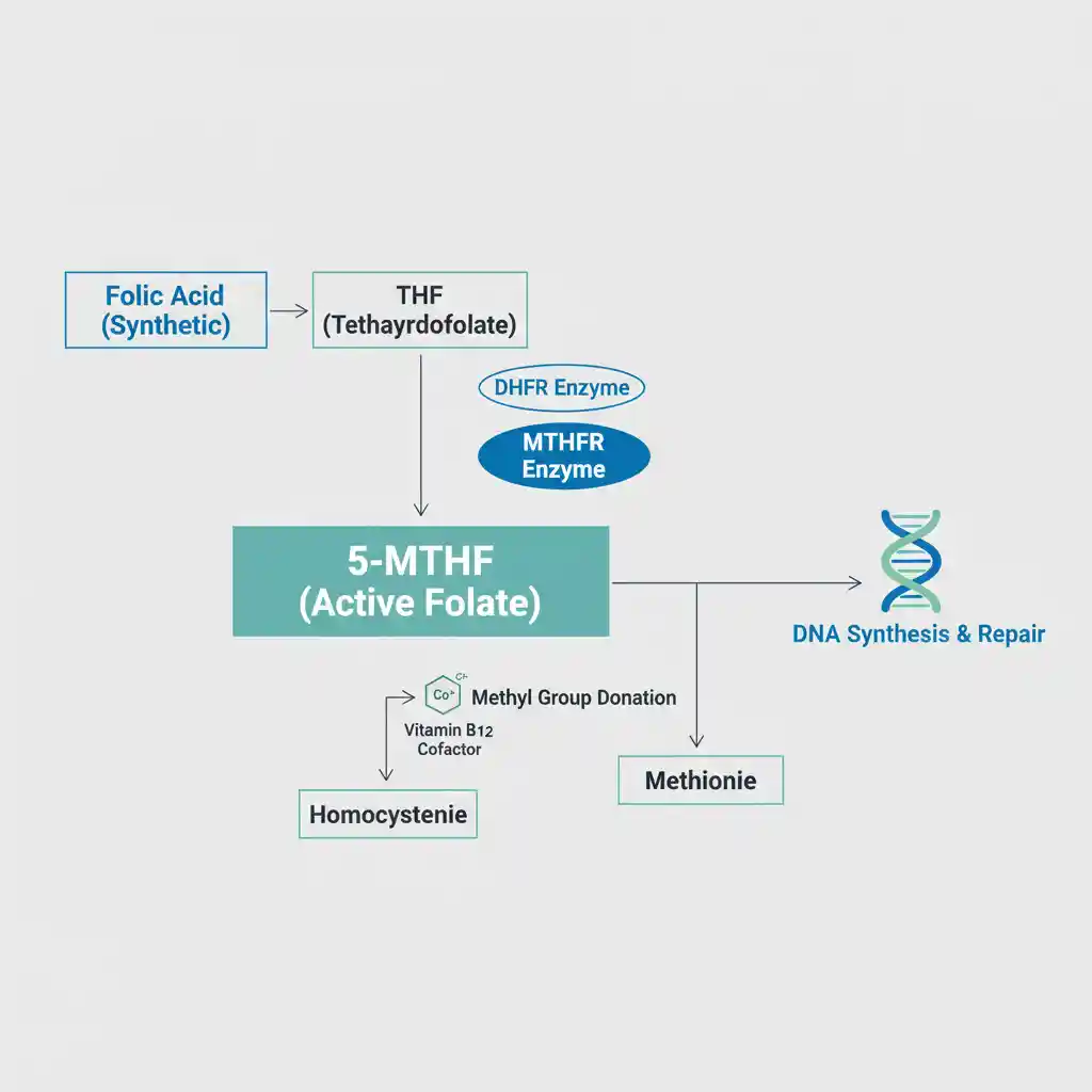 A diagram of the folate metabolism cycle, showing how the MTHFR enzyme converts folate to active 5-MTHF, which is necessary to metabolize homocysteine and support DNA synthesis.