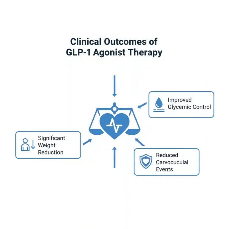 Infographic summarizing the key cardiometabolic benefits of GLP-1 receptor agonists, including significant weight loss, improved blood sugar control, and cardiovascular risk reduction.