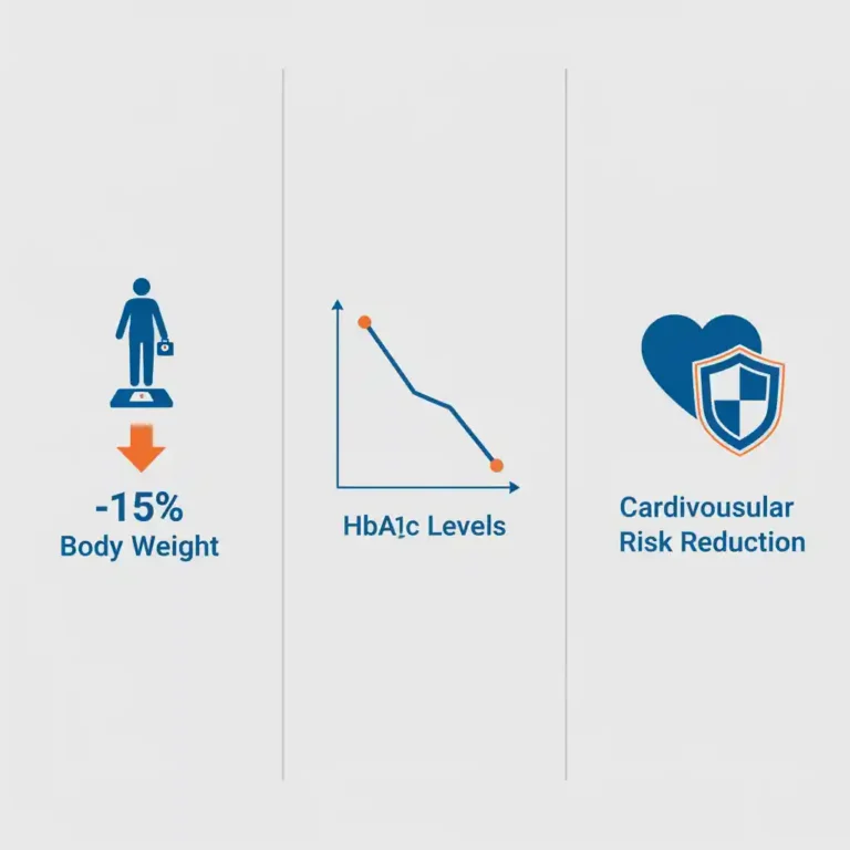 Infographic illustrating the clinical outcomes of GLP-1 agonists, including significant weight loss, reduced HbA1c levels, and cardiovascular protection.