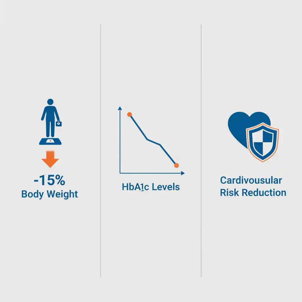 Infographic illustrating the clinical outcomes of GLP-1 agonists, including significant weight loss, reduced HbA1c levels, and cardiovascular protection.