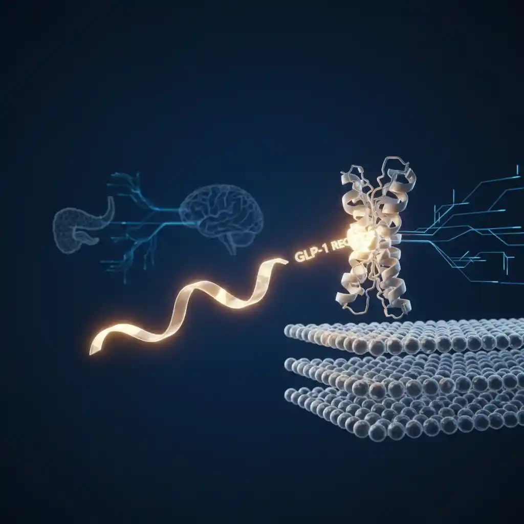 Mechanism of action of a GLP-1 receptor agonist, showing the molecule binding to a cell surface receptor to influence glycemic control and satiety.
