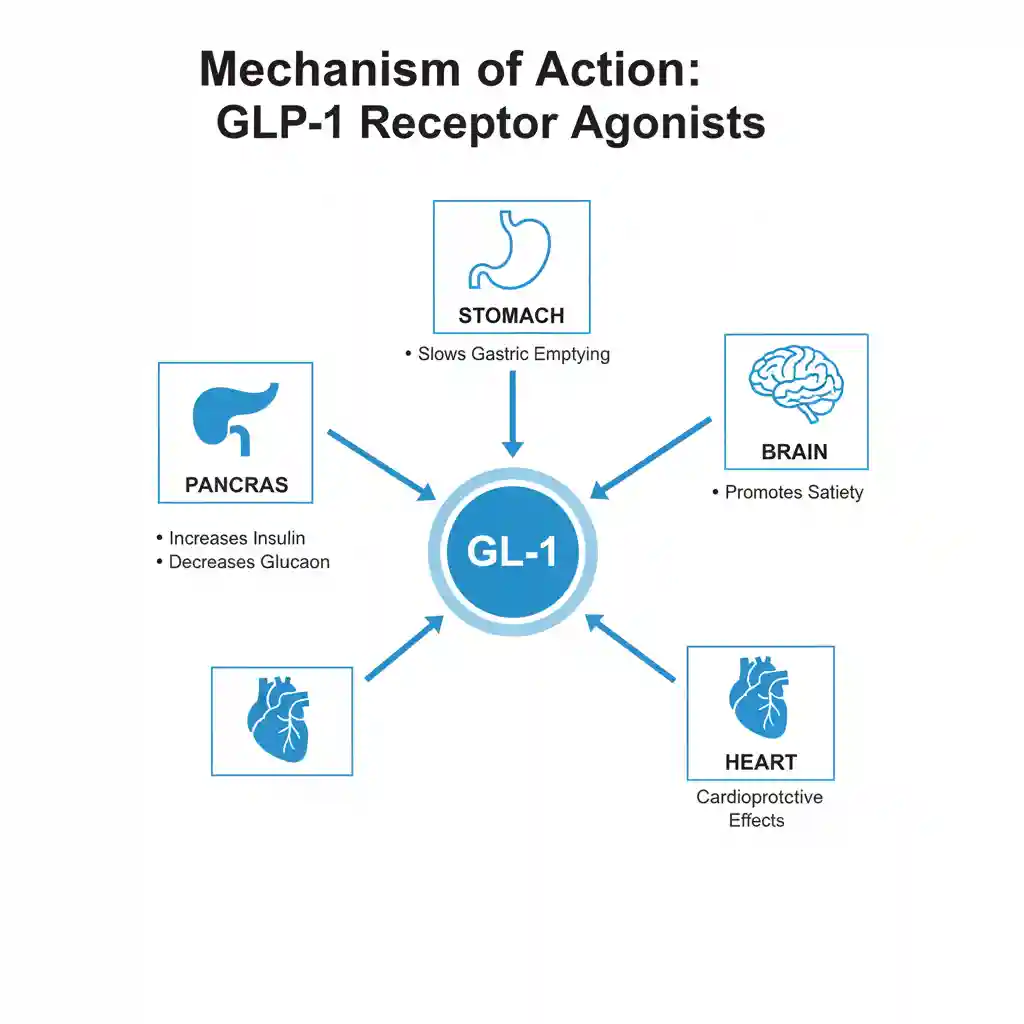 Medical illustration of the mechanism of action for GLP-1 receptor agonists, showing effects on the pancreas, brain, stomach, and cardiovascular system.