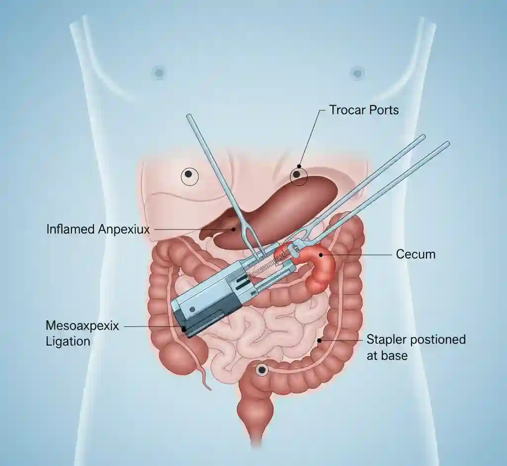 Anatomical diagram illustrating the trocar placement and surgical steps of a laparoscopic appendectomy.