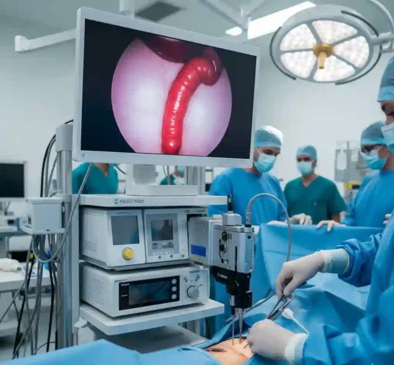 Laparoscopic tower and surgical instruments being used during a laparoscopic appendectomy procedure in an operating room.