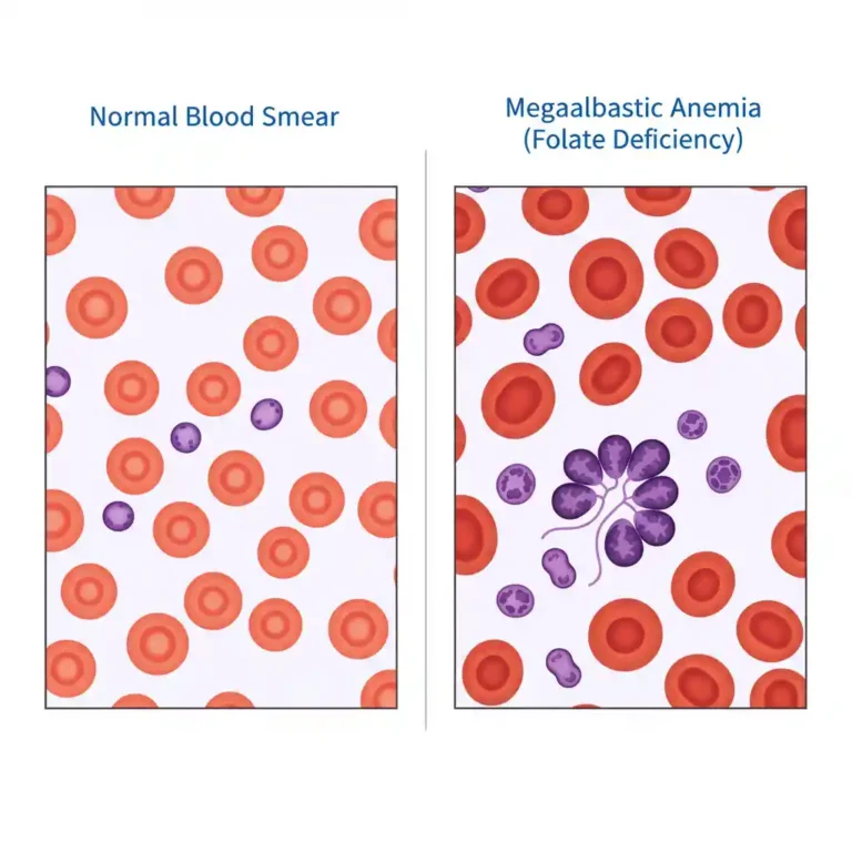 A medical illustration comparing a normal blood smear with one from megaloblastic anemia, showing the characteristic large, oval red blood cells and hypersegmented neutrophils caused by folate deficiency.