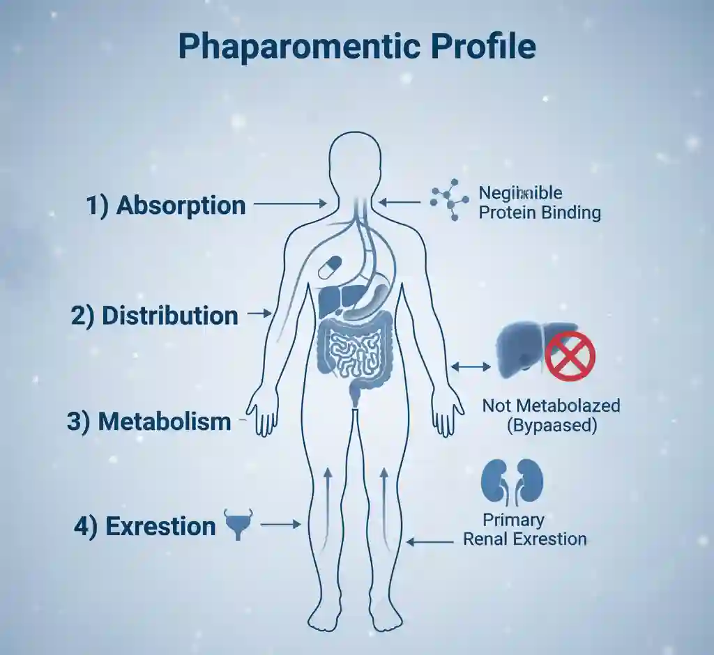 Pharmacokinetics (PK) profile diagram of Metformin, illustrating its path through the body including absorption, distribution, lack of metabolism, and primary excretion via the kidneys.