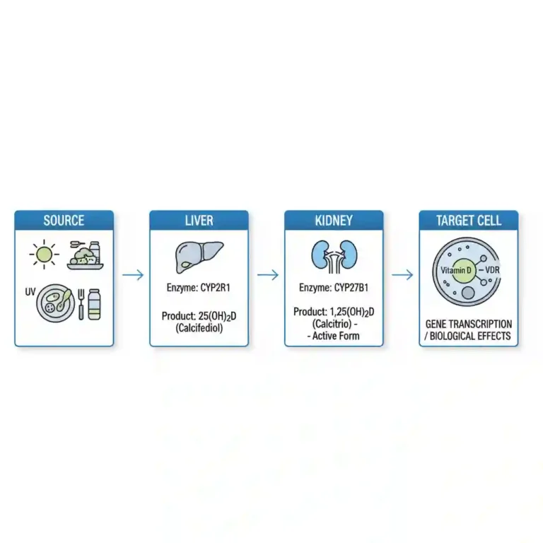 Diagram of the Vitamin D metabolic pathway showing hydroxylation steps in the liver and kidneys to produce active calcitriol.