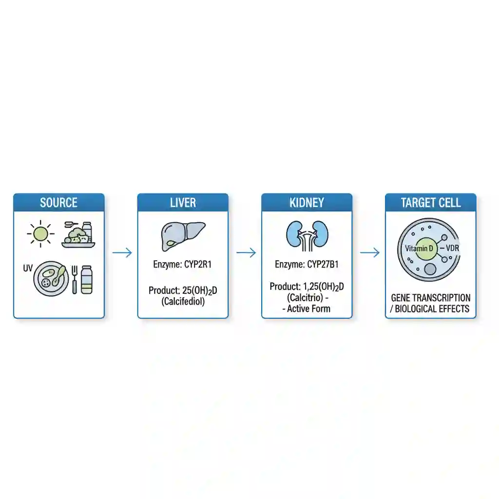 Diagram of the Vitamin D metabolic pathway showing hydroxylation steps in the liver and kidneys to produce active calcitriol.