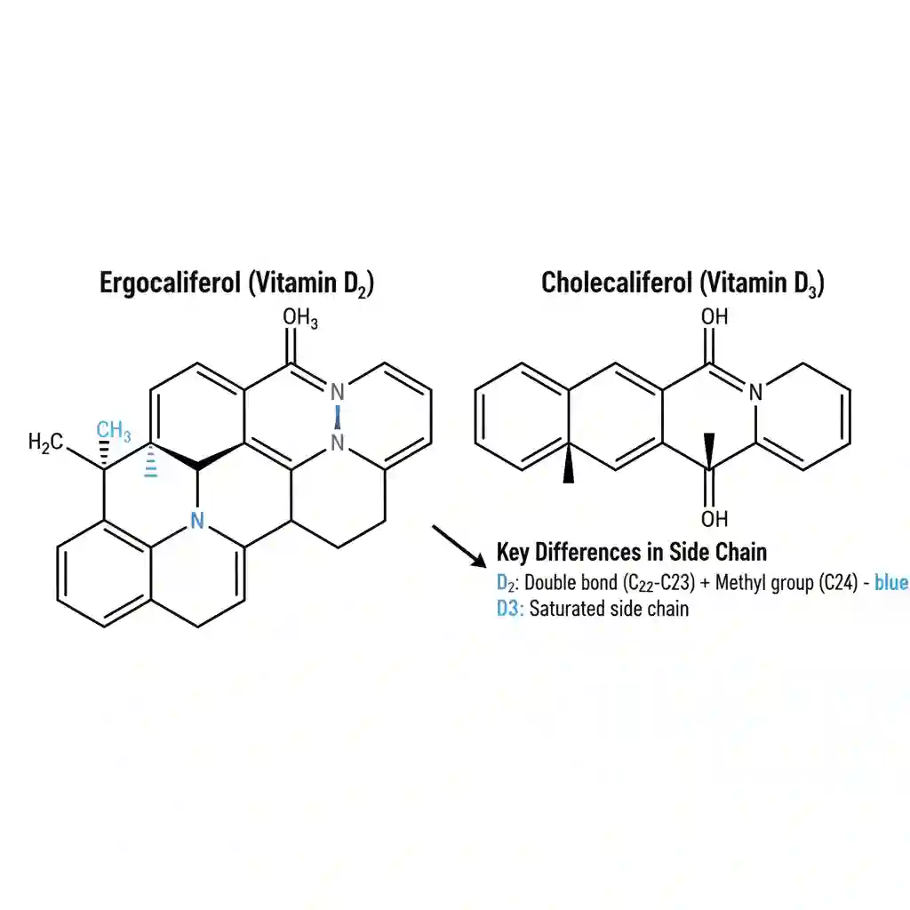 Chemical skeletal structure comparison of Vitamin D2 (Ergocalciferol) and Vitamin D3 (Cholecalciferol) highlighting specific side chain differences.