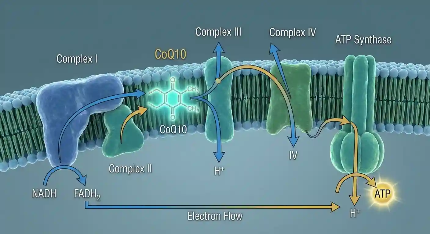 A diagram of the mitochondrial electron transport chain showing Coenzyme Q10's role in shuttling electrons between complexes to facilitate ATP synthesis.