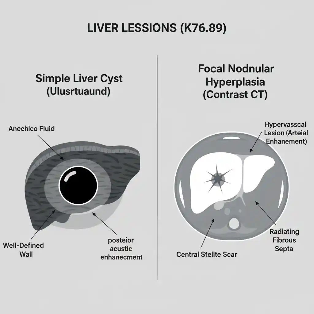 Comparison of diagnostic imaging for ICD-10 K76.89 conditions: an ultrasound showing a simple liver cyst and a contrast CT scan showing Focal Nodular Hyperplasia.