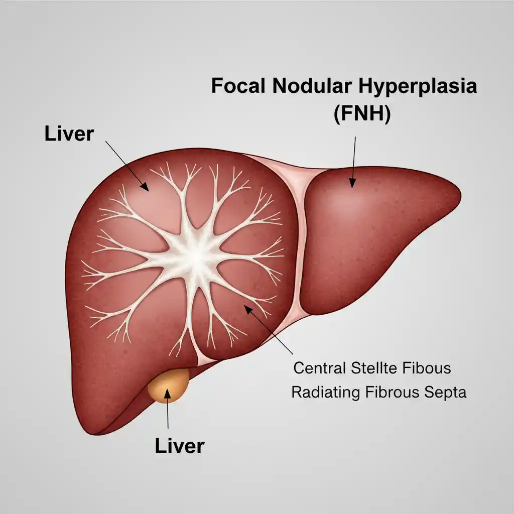 Medical illustration of Focal Nodular Hyperplasia (FNH), a condition coded under ICD-10 K76.89, showing its characteristic central fibrous scar within the liver.