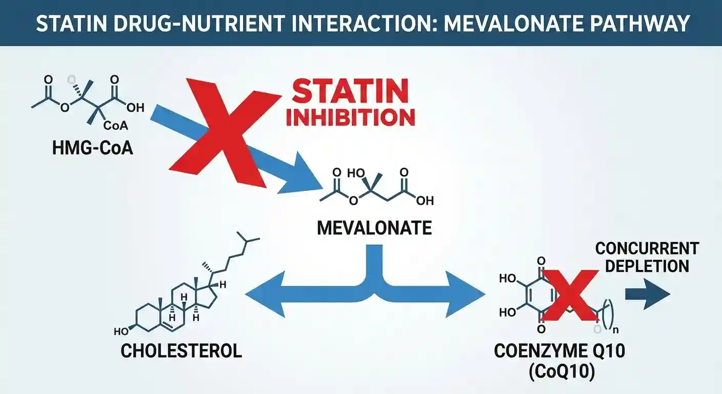 An infographic of the mevalonate pathway illustrating how statin drugs inhibit HMG-CoA reductase, which concurrently depletes the production of both cholesterol and Coenzyme Q10.