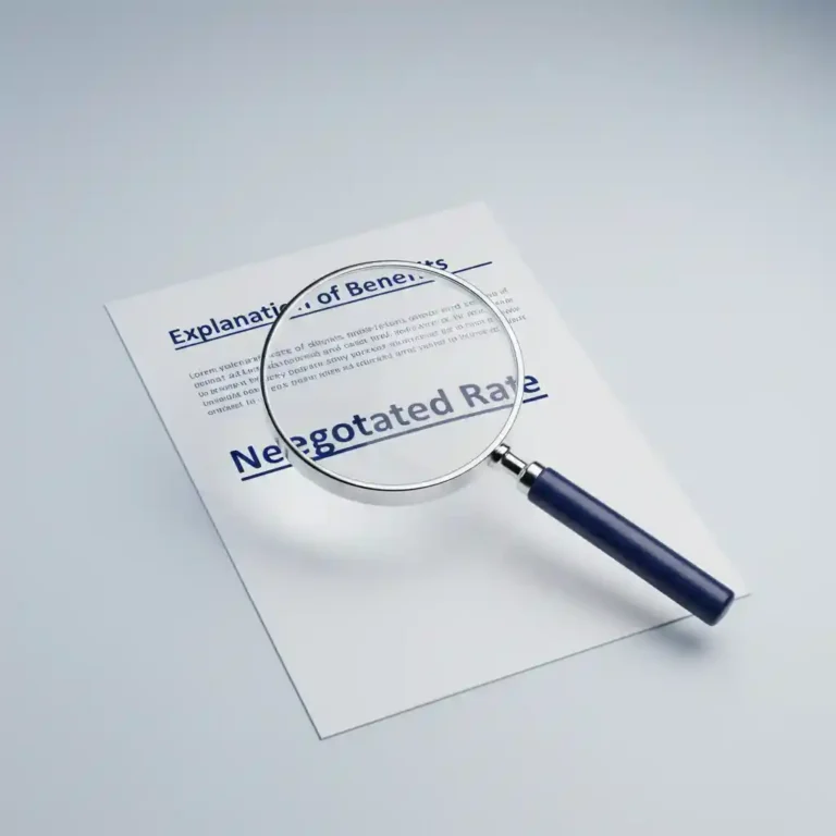 Close-up of an Explanation of Benefits (EOB) statement being analyzed with a magnifying glass.