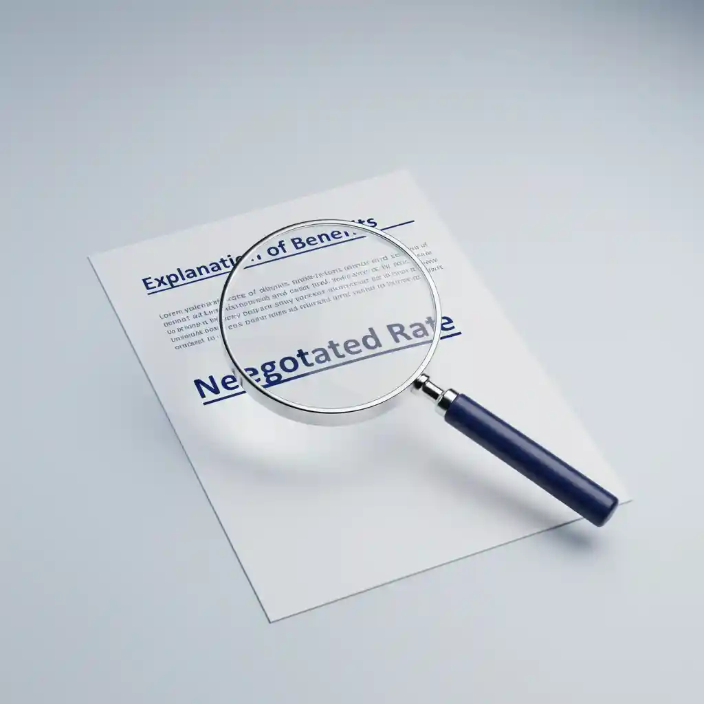 Close-up of an Explanation of Benefits (EOB) statement being analyzed with a magnifying glass.
